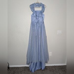 JJ's House Light Blue Off Shoulder Princess Sweep Train Floral Ball Gown 12 NWT